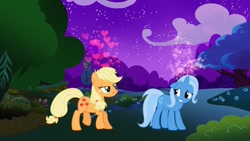 Size: 1024x576 | Tagged: artist needed, source needed, safe, imported from derpibooru, applejack, trixie, earth pony, pony, unicorn, bedroom eyes, female, heart, lesbian, mare, night, shipping, tripplejack
