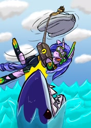 Size: 1280x1811 | Tagged: safe, artist:lizardwithhat, imported from derpibooru, doctor whooves, sea swirl, seafoam, time turner, earth pony, pony, shark, unicorn, detailed background, dive mask, diving goggles, flying saucer, frightened, newbie artist training grounds, ocean, rope, treasure chest, wet suit, wetsuit