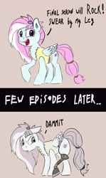 Size: 4000x6720 | Tagged: safe, artist:jellymaggot, imported from derpibooru, kerfuffle, pegasus, pony, rainbow roadtrip, /mlp/, amputee, comic, female, floppy ears, frown, glare, gray background, limited palette, looking at you, looking back, mare, messy mane, op is a duck, open mouth, prosthetic, prosthetic leg, prosthetic limb, prosthetics, raised eyebrow, simple background, smiling, solo, tan background