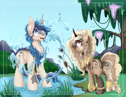 Size: 1920x1471 | Tagged: safe, artist:pvrii, artist:silent-shadow-wolf, imported from derpibooru, oc, oc only, dolphin, fish, kirin, pony, snake, unicorn, bandage, bracelet, bracer, cattails, chest fluff, coat markings, day, duo, ear fluff, ear piercing, earring, female, grass, jewelry, kirin oc, magic, male, mare, mountain, mountain range, peytral, piercing, pond, reeds, spots, stallion, standing, swirls, swirly markings, tree, water