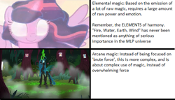 Size: 611x350 | Tagged: safe, edit, edited screencap, imported from derpibooru, screencap, queen chrysalis, twilight sparkle, alicorn, changeling, changeling queen, rainbow roadtrip, the beginning of the end, the mean 6, arcane magic, elemental magic, female, forest, runes, text, theory, twilight sparkle (alicorn)