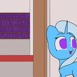 Size: 2048x2048 | Tagged: safe, artist:snezhok42, imported from derpibooru, trixie, pony, unicorn, atg 2019, bookshelf, colored, female, flat colors, newbie artist training grounds, solo, standing