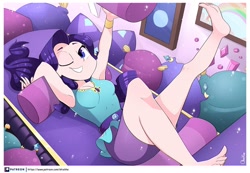 Size: 960x666 | Tagged: safe, artist:ohiekhe, imported from derpibooru, rarity, human, camping must-haves, equestria girls, equestria girls series, spoiler:eqg series (season 2), armpits, barefoot, belt, breasts, cleavage, clothes, cute, dress, feet, female, humanized, jewelry, legs, miniskirt, moe, necklace, one eye closed, raribetes, rarity's bedroom, scene interpretation, skirt, soles, solo, wink