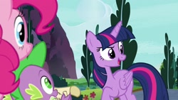 Size: 1920x1080 | Tagged: safe, imported from derpibooru, screencap, pinkie pie, spike, twilight sparkle, twilight sparkle (alicorn), alicorn, dragon, earth pony, pony, between dark and dawn, confident, female, folded wings, frown, male, mare, raised eyebrow, raised hoof, slit eyes, slit pupils, trio, unsure, winged spike, wings