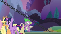 Size: 1920x1080 | Tagged: safe, imported from derpibooru, screencap, applejack, fluttershy, spike, twilight sparkle, twilight sparkle (alicorn), alicorn, dragon, pony, between dark and dawn, scroll, winged spike, wings
