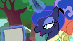 Size: 1920x1080 | Tagged: safe, imported from derpibooru, screencap, princess luna, alicorn, pony, between dark and dawn, alternate hairstyle, bags, beautiful, clothes, eyeshadow, female, glowing horn, hair bun, hawaiian shirt, horn, lidded eyes, luggage, magic, magic aura, makeup, mare, open mouth, schedule, scroll, shirt, solo, talking