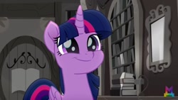 Size: 1280x720 | Tagged: safe, deleted from derpibooru, imported from derpibooru, screencap, twilight sparkle, alicorn, rainbow roadtrip, book, bookshelf, colorless, cute, faic, female, folded wings, library, mare, smiling, solo, twiabetes, twilight sparkle (alicorn), wings