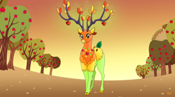 Size: 1192x663 | Tagged: safe, artist:bella-pink-savage, artist:bellbell123, imported from derpibooru, the great seedling, deer, dryad, elk, going to seed, apple, apple tree, beautiful, branches for antlers, cute, female, flower, food, solo, tree