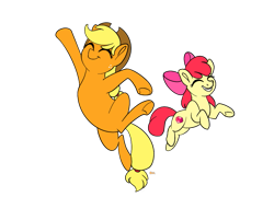 Size: 945x679 | Tagged: safe, artist:bella-pink-savage, artist:bellbell123, imported from derpibooru, apple bloom, applejack, earth pony, pony, going to seed, duo, eyes closed, female, filly, mare, midair, scene interpretation, siblings, simple background, sisters, smiling, transparent background, underhoof, yeah pose