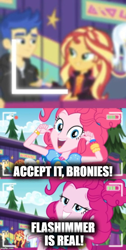 Size: 500x994 | Tagged: safe, edit, edited screencap, imported from derpibooru, screencap, flash sentry, ginger owlseye, pinkie pie, sunset shimmer, thunderbass, trixie, equestria girls, equestria girls series, five lines you need to stand in, spoiler:eqg series (season 2), drama, drama bait, female, flash sentry drama, flashimmer, male, meme, op is a duck, op is trying to start shit, shipping, shipping fuel, straight, text, trolling