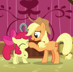 Size: 675x658 | Tagged: safe, imported from derpibooru, screencap, apple bloom, applejack, pony, going to seed, adorabloom, boop, cropped, cute, duo, eyes closed, female, filly, horseshoes, jackabetes, open mouth, profile, scrunchy face, sweet apple acres