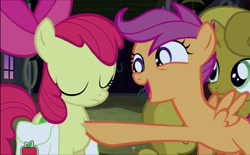 Size: 1162x720 | Tagged: safe, imported from derpibooru, screencap, apple bloom, scootaloo, sweetie belle, earth pony, pegasus, pony, unicorn, one bad apple, backpack, bag, bow, cute, cutie mark crusaders, eyes closed, female, gold, happy, open mouth, saddle bag, trio, trio female