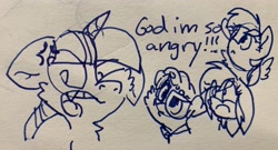 Size: 3401x1831 | Tagged: safe, artist:rainbow eevee, imported from derpibooru, rainbow dash, twilight sparkle, oc, oc:landen irelan, oc:rainbow eevee, pony, angry, drawing, floppy ears, glasses, lineart, pen drawing, traditional art, weird