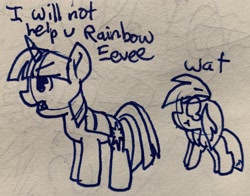 Size: 2964x2325 | Tagged: safe, artist:rainbow eevee, imported from derpibooru, twilight sparkle, oc, oc:rainbow eevee, pony, crying, depressed, drawing, duo, female, lineart, not helping, pen drawing, sad, traditional art, wat