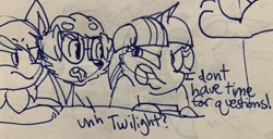 Size: 3770x1936 | Tagged: safe, artist:rainbow eevee, imported from derpibooru, twilight sparkle, oc, oc:landen irelan, oc:rainbow eevee, dog, pony, angry, book, drawing, glasses, lineart, pen drawing, question, table, traditional art, trio