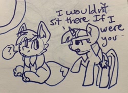 Size: 2595x1899 | Tagged: safe, artist:rainbow eevee, imported from derpibooru, twilight sparkle, oc, oc:rainbow eevee, pony, dialogue, lineart, question mark, raised hoof, simple background, traditional art, wat