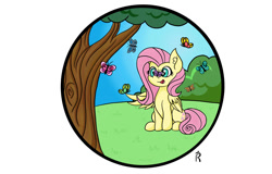 Size: 1280x820 | Tagged: safe, artist:dawn-designs-art, imported from derpibooru, fluttershy, butterfly, pegasus, pony, circle, cute, female, sitting, solo