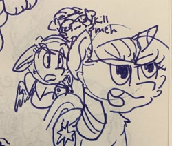 Size: 2027x1722 | Tagged: safe, artist:rainbow eevee, imported from derpibooru, twilight sparkle, oc, oc:landen irelan, oc:rainbow eevee, pony, angry, crippling depression, crying, drawing, iphone, iphone xr, lineart, pen drawing, traditional art, trio