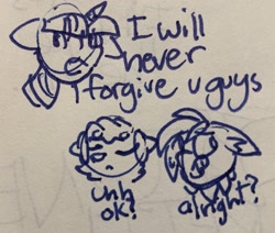 Size: 2359x2005 | Tagged: safe, artist:rainbow eevee, imported from derpibooru, twilight sparkle, oc, oc:landen irelan, oc:rainbow eevee, dog, pony, angry, dialogue, drawing, floppy ears, lineart, pen drawing, reaction image, traditional art, trio, wat, worried