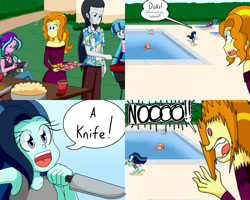 Size: 2000x1600 | Tagged: safe, artist:jake heritagu, imported from derpibooru, adagio dazzle, aria blaze, chancellor neighsay, sonata dusk, oc, oc:dolly dusk, oc:honeycrisp blossom, oc:primrose prime, comic:aria's archives, equestria girls, armpits, barbeque, breasts, cleavage, clothes, comic, dialogue, drink, equestria girls-ified, female, food, grill, knife, like mother like daughter, like parent like child, male, meme, nintendo switch, offspring, one-piece swimsuit, parent:big macintosh, parent:chancellor neighsay, parent:princess cadance, parent:sonata dusk, parents:cadmac, spatula, speech bubble, swimming pool, swimsuit, tanktop