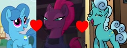 Size: 1747x666 | Tagged: safe, artist:徐詩珮, imported from derpibooru, fizzlepop berrytwist, glitter drops, spring rain, tempest shadow, pony, unicorn, broken horn, female, glittershadow, heart, horn, lesbian, mare, polyamory, shipping, shipping domino, springdrops, springshadow, springshadowdrops