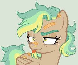Size: 1024x861 | Tagged: dead source, safe, artist:grumppanda, artist:loveedovey, imported from derpibooru, oc, oc only, oc:golden daze, pegasus, pony, bandaid, bandaid on nose, base used, female, mare, raised eyebrow, simple background, solo, tongue out
