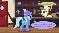 Size: 1280x720 | Tagged: safe, artist:evil-dec0y, imported from derpibooru, roma, trixie, earth pony, pony, unicorn, comic:trixie vs., comic:trixie vs. hearth's warming, comic, winter outfit