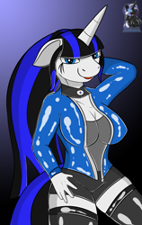 Size: 2345x3722 | Tagged: safe, artist:skyspeardraw, imported from derpibooru, oc, oc:coldlight bluestar, anthro, unicorn, arm behind head, choker, clothes, female, gradient background, happy, latex