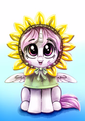 Size: 2796x3993 | Tagged: safe, artist:rysunkowasucharia, imported from derpibooru, princess celestia, alicorn, pony, cewestia, clothes, costume, cute, cutelestia, female, filly, flower, gradient background, open mouth, pink-mane celestia, sitting, solo, sunflower, weapons-grade cute, younger