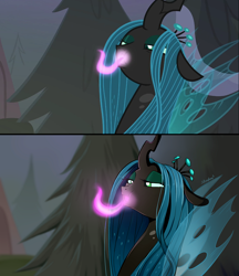 Size: 1200x1390 | Tagged: safe, artist:skyeypony, imported from derpibooru, screencap, queen chrysalis, changeling, changeling queen, frenemies (episode), bust, changeling feeding, crown, female, jewelry, lidded eyes, love, magic, portrait, redraw, regalia, scene interpretation, solo