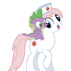 Size: 750x746 | Tagged: safe, edit, editor:undeadponysoldier, imported from derpibooru, nurse redheart, spike, dragon, earth pony, pony, adorable face, adoredheart, crack shipping, cute, daaaaaaaaaaaw, dragons riding ponies, female, hair bun, happy, hat, heartabetes, looking at each other, male, mare, nurse, nurse hat, open mouth, raised hoof, riding, shipping, simple background, smiling, spikeheart, spikelove, straight, white background