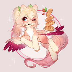 Size: 3600x3600 | Tagged: safe, artist:aphphphphp, imported from derpibooru, oc, oc only, pegasus, pony, food, solo, strawberry, waffle