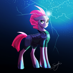 Size: 2500x2500 | Tagged: safe, artist:streetfair, imported from derpibooru, tempest shadow, pony, unicorn, broken horn, electricity magic, eye scar, female, glowing horn, hoof shoes, horn, mare, scar, signature, solo, sparking horn