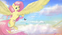 Size: 4800x2700 | Tagged: safe, artist:maneingreen, imported from derpibooru, fluttershy, butterfly, pegasus, pony, blushing, cloud, female, rainbow, sky, solo, spread wings, wings