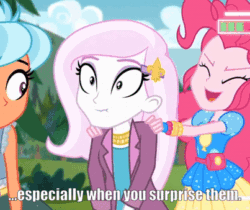 Size: 403x338 | Tagged: safe, edit, edited screencap, imported from derpibooru, screencap, fleur-de-lis, frosty orange, pinkie pie, pony, equestria girls, equestria girls series, five lines you need to stand in, spoiler:eqg series (season 2), animated, background human, bathroom line, caption, cloud, covering crotch, cropped, desperation, female, image macro, need to pee, omorashi, outdoors, pinkie being pinkie, potty emergency, potty time, shake, text