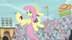 Size: 1280x720 | Tagged: safe, imported from derpibooru, screencap, fluttershy, pegasus, pony, common ground, buckball, female, mare, solo, wing hands, wings