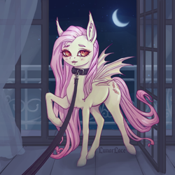 Size: 1200x1200 | Tagged: safe, artist:lunarlacepony, imported from derpibooru, fluttershy, bat pony, pony, bat ponified, collar, crescent moon, dominant pov, female, femsub, flutterbat, flutterpet, indoors, leash, looking at you, mare, moon, pet play, race swap, raised hoof, solo, submissive