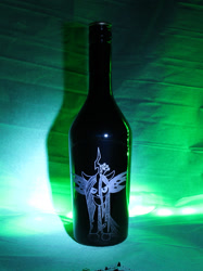 Size: 945x1261 | Tagged: safe, artist:malte279, imported from derpibooru, queen chrysalis, changeling, changeling queen, baileys, bottle, craft, female, glass engraving, green light