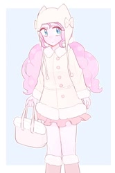 Size: 546x820 | Tagged: safe, artist:nemucure, imported from derpibooru, pinkie pie, human, abstract background, alternate hairstyle, boots, bow, clothes, coat, colored pupils, cute, diapinkes, female, hat, humanized, miniskirt, moe, pigtails, shoes, skirt, solo, twintails