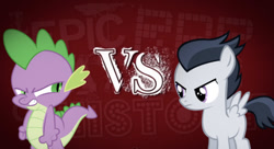 Size: 627x341 | Tagged: safe, edit, editor:undeadponysoldier, imported from derpibooru, rumble, spike, dragon, pegasus, pony, angry, colt, epic rap battles of history, exploitable meme, looking at each other, make it happen, male, meme, rap battle, thumbnail, title card, vs.