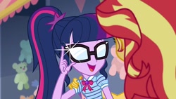 Size: 800x450 | Tagged: safe, edit, edited screencap, imported from derpibooru, screencap, sci-twi, sunset shimmer, twilight sparkle, equestria girls, equestria girls series, rollercoaster of friendship, anime glasses, clothes, female, geode of telekinesis, glasses, magical geodes, ponytail, scary shiny glasses