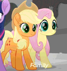 Size: 497x530 | Tagged: safe, imported from derpibooru, screencap, applejack, fluttershy, twilight sparkle, alicorn, pony, rainbow roadtrip, animated, cropped, cute, discovery family logo, duo focus, female, hoof around neck, hug, jackabetes, mare, one eye closed, shyabetes, side hug, twiabetes, twilight sparkle (alicorn), wink