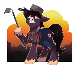 Size: 4339x3800 | Tagged: safe, artist:hallowraith, imported from derpibooru, oc, oc only, oc:peeled prune, earth pony, ghoul, pony, fallout equestria, black mane, bucktooth, handkerchief, hoe, hoe (tool), male, molting, overalls, plaid, pot, purple, purple eyes, smiling, solo, teeth, unshorn fetlocks