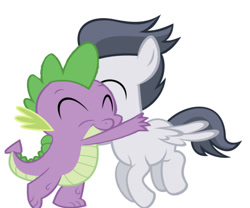 Size: 677x563 | Tagged: safe, edit, editor:undeadponysoldier, imported from derpibooru, rumble, spike, dragon, pegasus, pony, colt, cute, daaaaaaaaaaaw, eyes closed, floating, gay, happy, hug, male, rumblebetes, rumblespike, shipping, simple background, spikabetes, spread wings, white background, wings