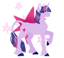 Size: 1024x927 | Tagged: safe, artist:uniquecolorchaos, imported from derpibooru, twilight sparkle, classical unicorn, pony, unicorn, cloven hooves, female, leonine tail, raised hoof, solo, tongue out, unshorn fetlocks