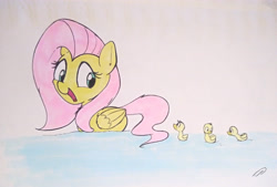 Size: 4008x2716 | Tagged: safe, artist:taurson, imported from derpibooru, fluttershy, duck pony, hybrid, pegasus, pony, behaving like a duck, duckling, female, flutterduck, fluttermom, folded wings, looking at someone, looking back, mare, open mouth, pegaduck, pony hybrid, smiling, swimming, traditional art, water, wings