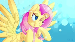 Size: 1280x720 | Tagged: safe, artist:michinix, imported from derpibooru, fluttershy, pegasus, pony, bubble, bust, female, looking away, looking sideways, mare, one eye closed, open mouth, smiling, solo, spread wings, three-quarter view, underwater, water, wings
