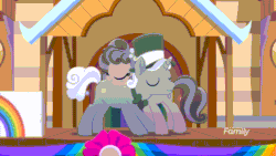 Size: 1920x1080 | Tagged: safe, imported from derpibooru, screencap, petunia petals, sunny skies, earth pony, pony, unicorn, rainbow roadtrip, animated, bowtie, cute, female, gif, hat, male, mare, nuzzling, petalbetes, petuniasky, shipping, stallion, straight, sunnydorable, top hat