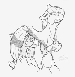 Size: 1046x1082 | Tagged: safe, artist:parallel black, imported from derpibooru, applejack, changeling, earth pony, pony, altered cutie mark, alternate cutie mark, appleling, changeling slime, changelingified, simple background, sketch, solo, species swap, traditional art, transformation, trapped, white background