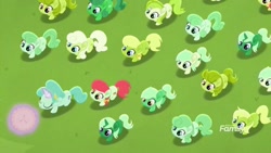 Size: 1920x1080 | Tagged: safe, imported from derpibooru, screencap, apple juice (g4), key lime pie, lime essence, lime sherbet, mrs. hoofington, pistachio dust, earth pony, pegasus, pony, unicorn, rainbow roadtrip, background pony, bow, clone, clones, crowd, discovery family logo, dot cutie mark, eyes closed, female, food, glowing horn, grass, green, green pony, hair bow, hope hollow, horn, levitation, magic, magic aura, mane bow, mare, overhead view, pie, tail bow, telekinesis, unnamed character, unnamed pony